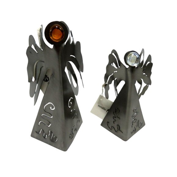 METALLIC EVOLUTION Steel Angel Sculptures Set Artistic Glass Marble Accents Cana - Picture 1 of 10